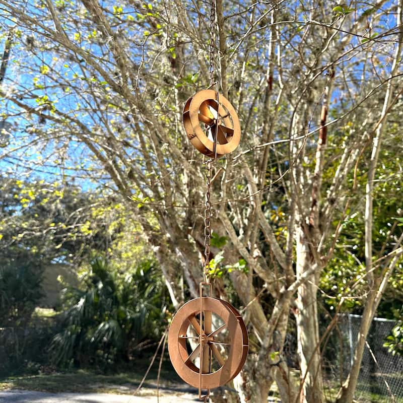78-Inch Metal Rain Chain - 6 Water Wheels & Weighted Bell, Bronze - 4 X 78 X 1 inches