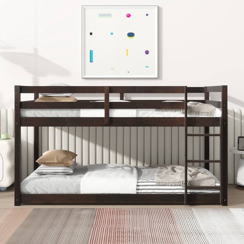 Wooden Twin over Twin Floor Bunk Bed with Ladder ,Upper and Bottom Bed Platforms