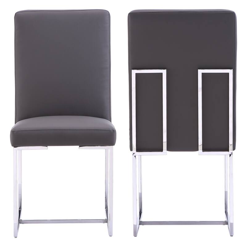 Grey PU Leather Dining Chairs with Mirrored Stainless Steel Legs - Set of 2 - Set of 2 - Short - 16-22 in. - Grey - Set of 2