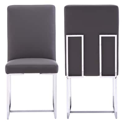Grey PU Leather Dining Chairs with Mirrored Stainless Steel Legs - Set of 2
