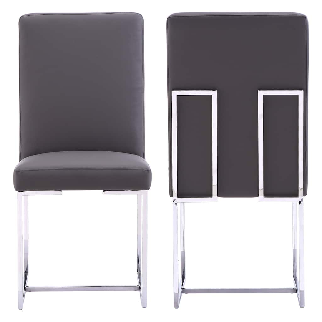 Grey PU Leather Dining Chairs with Mirrored Stainless Steel Legs - Set of 2