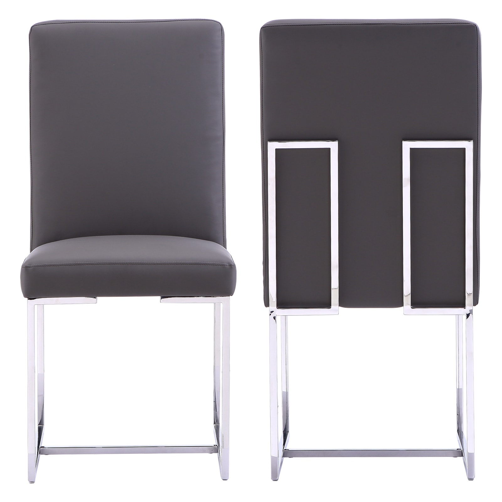 Grey PU Leather Dining Chairs with Mirrored Stainless Steel Legs - Set of 2