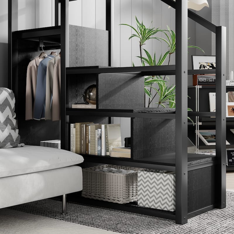 Full Size Black Loft Bed with Stairs Storage Shelves, High Loft Bed w/ Wardrobe