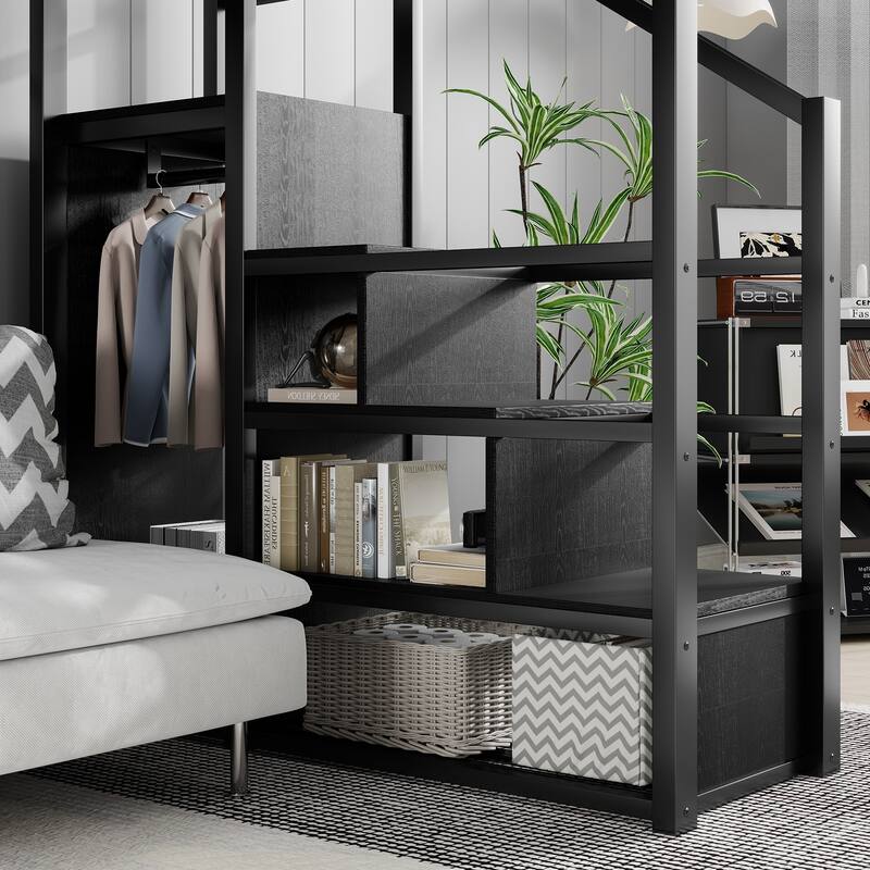 Full Size Loft Bed with Stairs, Metal Full Loft Bed with Storage Shelves, High Loft Bed with Wardrobe for Kids Teens