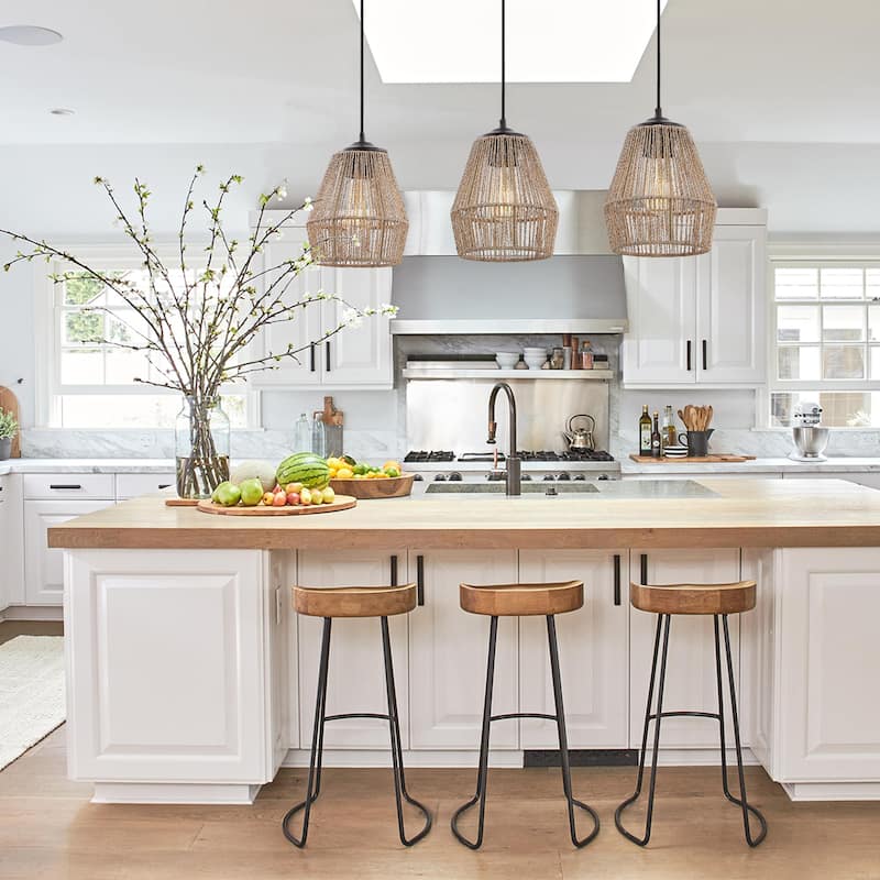 Ibiza Island 30" 3-Light Seagrass/Metal Bohemian Coastal LED Pendant, Oil Rubbed Bronze/Natural by JONATHAN Y