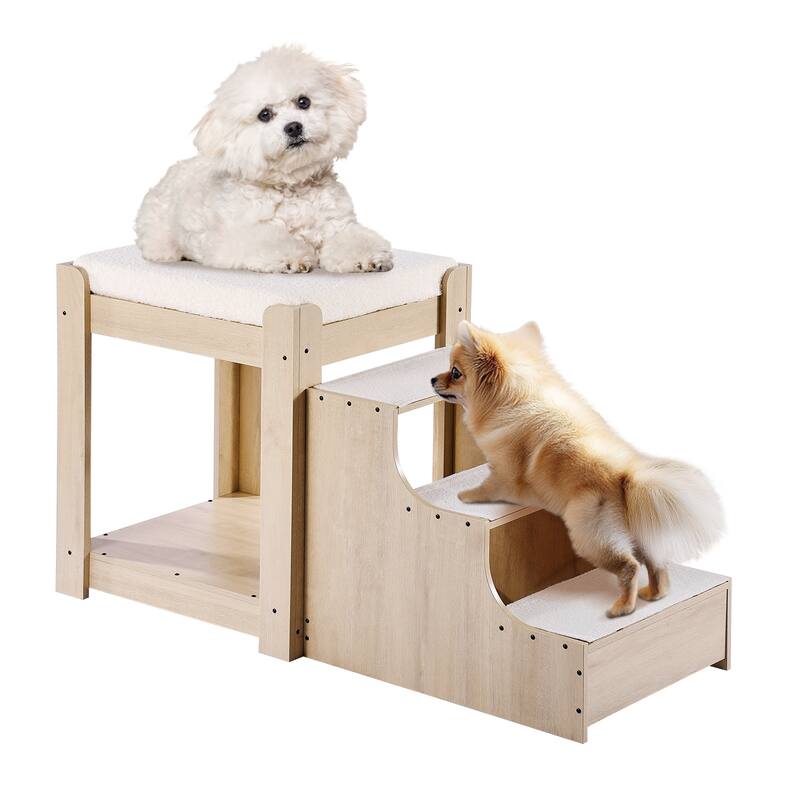 Pet Bunk Bed with Removable Stairs, Dog/Cat Window Perch with Storage, Multi-Level Bed Window Perch Dog Bedside Sleeper Couch - no drawer, small size - wood, Beige