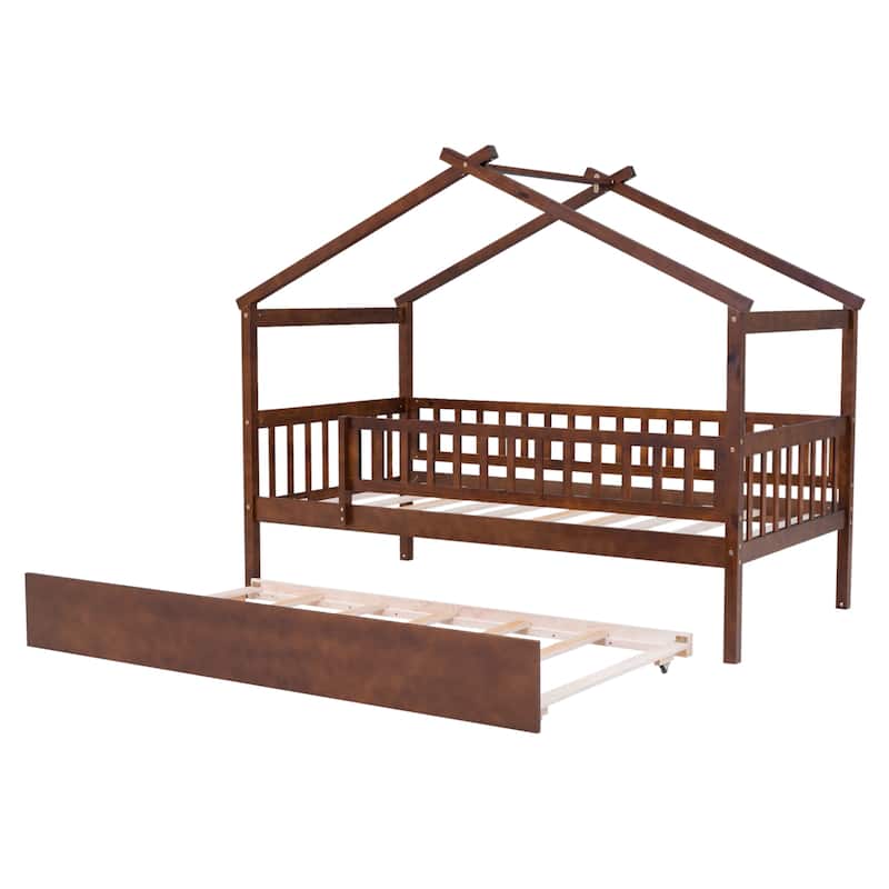 Twin Size House Bed with Trundle, Wooden Playhouse Kids Bed Frame with Roof and Fence, Montessori Style Bed