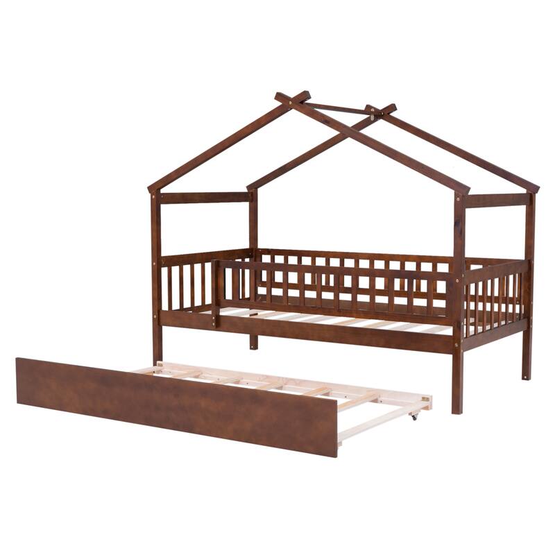 Twin Size Wooden House Bed with Trundle, Creative Kids Bed with Whimsical Design for Imagination