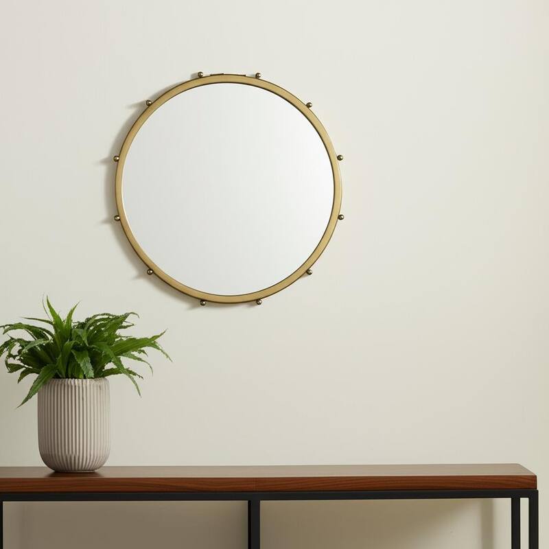 HomeRoots 25" Gold Metal Beaded Round Framed Accent Mirror - 25.20 in. x 25.20 in. x 1.18 in. - 25.20 in. x 25.20 in.  x 1.18 in.