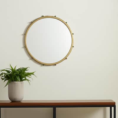 HomeRoots 25" Gold Metal Beaded Round Framed Accent Mirror - 25.20 in. x 25.20 in. x 1.18 in.