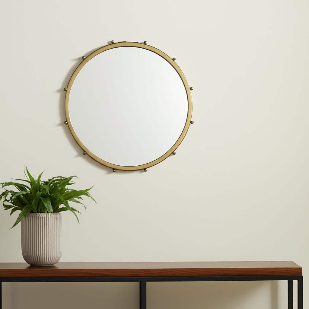 HomeRoots 25" Gold Metal Beaded Round Framed Accent Mirror - 25.20 in. x 25.20 in. x 1.18 in.