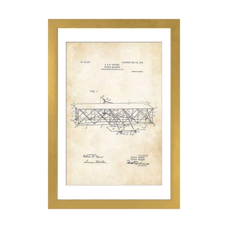 iCanvas "Wright Brothers Airplane" by Patent77 - Gold - 32x24x1