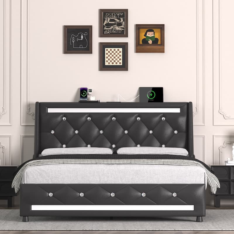 Full Size Upholstered Platform Bed Frame with Headboard, LED Lights, Charging Station, and Storage