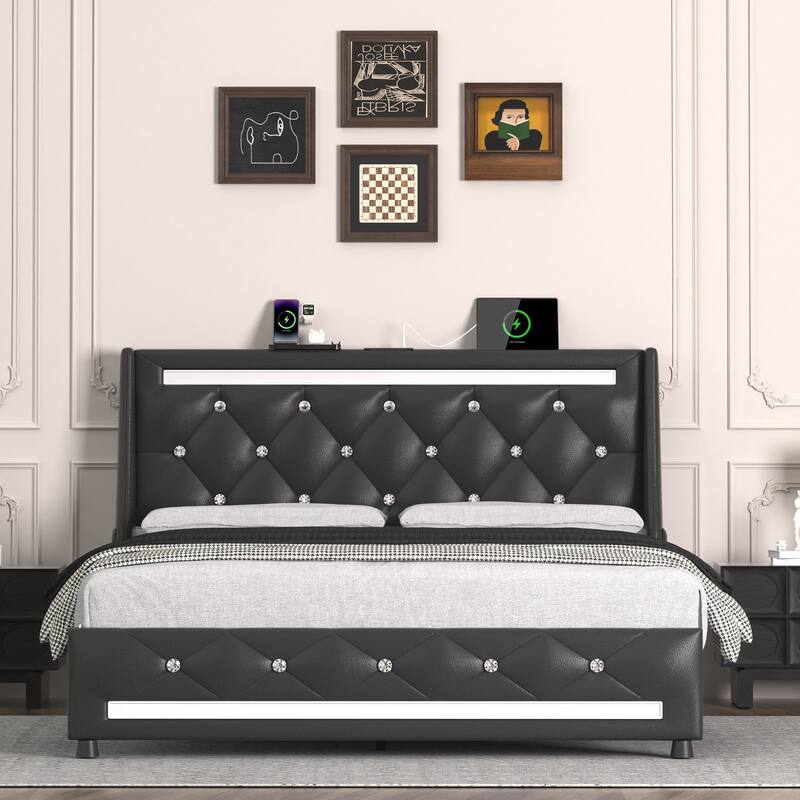 Heavy Duty Metal Bed Frame with Wood Slat, Upholstered Wingback Platform Bed, Diamond Tufted LED Headboard with Charging Station