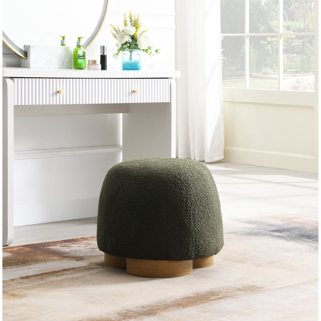 Olive Green Round Teddy Fabric Ottoman - Fully Assembled Footrest & Seating