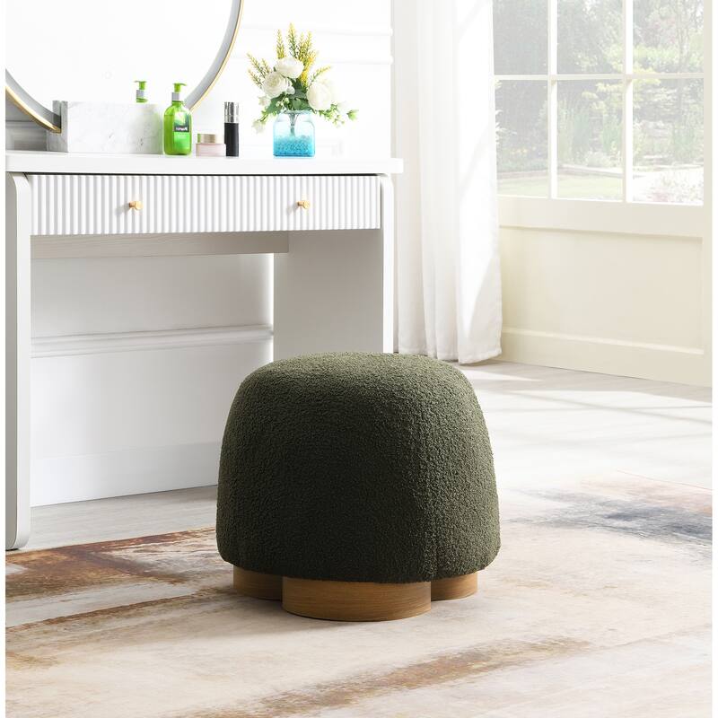 Round Soft Teddy Fabric Upholstered Ottoman, Footstool with Soft Padded Seat, Fully Assembled Modern Sofa Couch Footrest - Olive Green