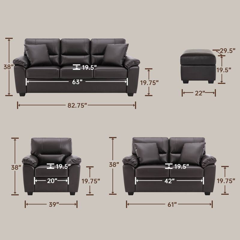 Upholstered Living Room Set, 4 Pieces - Faux Leather Chair, Loveseat, Sofa with Ottoman
