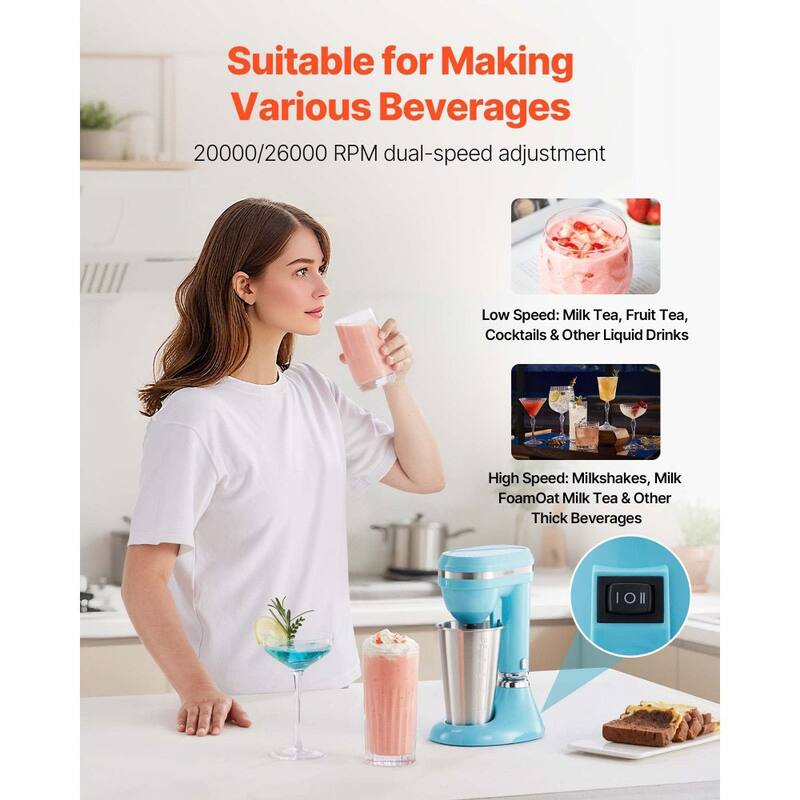 Blue and Silver Milkshake Maker with Dual-Speed 100W Motor for Smooth Shakes and Drinks - 6.69 x 5.12 x 10.16 in