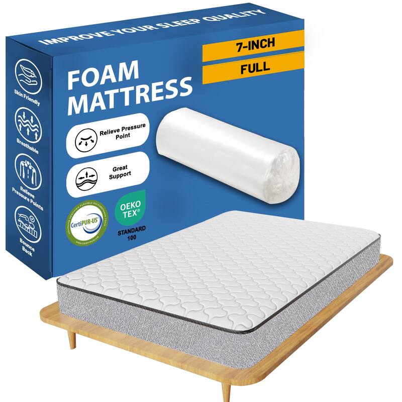 7-Inch Medium Firm High Density Foam Mattress, Comfortable Mattress for Cooler Sleep, Supportive & Pressure Relief, White - Full