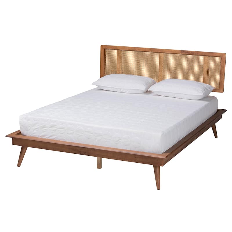 Nura Mid-Century Modern Walnut Brown Finished Wood and Rattan 3-Piece/4-Piece/5-Piece Bedroom Set (Multiple Bed Sizes)