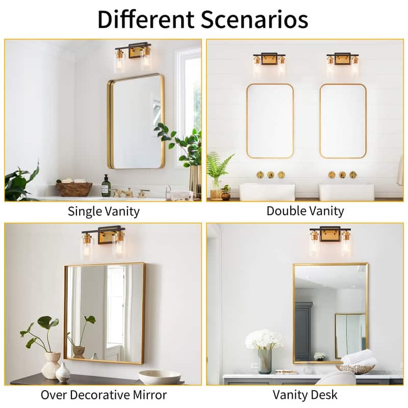 KAWOTI Rive 2-Light Antique Brass Dimmable Modern Bathroom Vanity Light