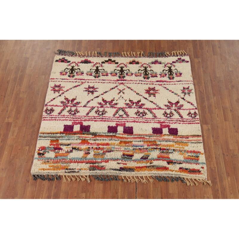 Plush Ivory Moroccan Square Rug Handmade Wool Carpet - 5'5" x 5'11"