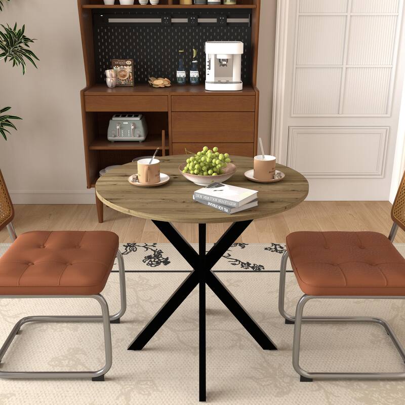 Anmytek Round Dining Table Modern Wood Top and Metal Frame Brown Industrial Kitchen Table