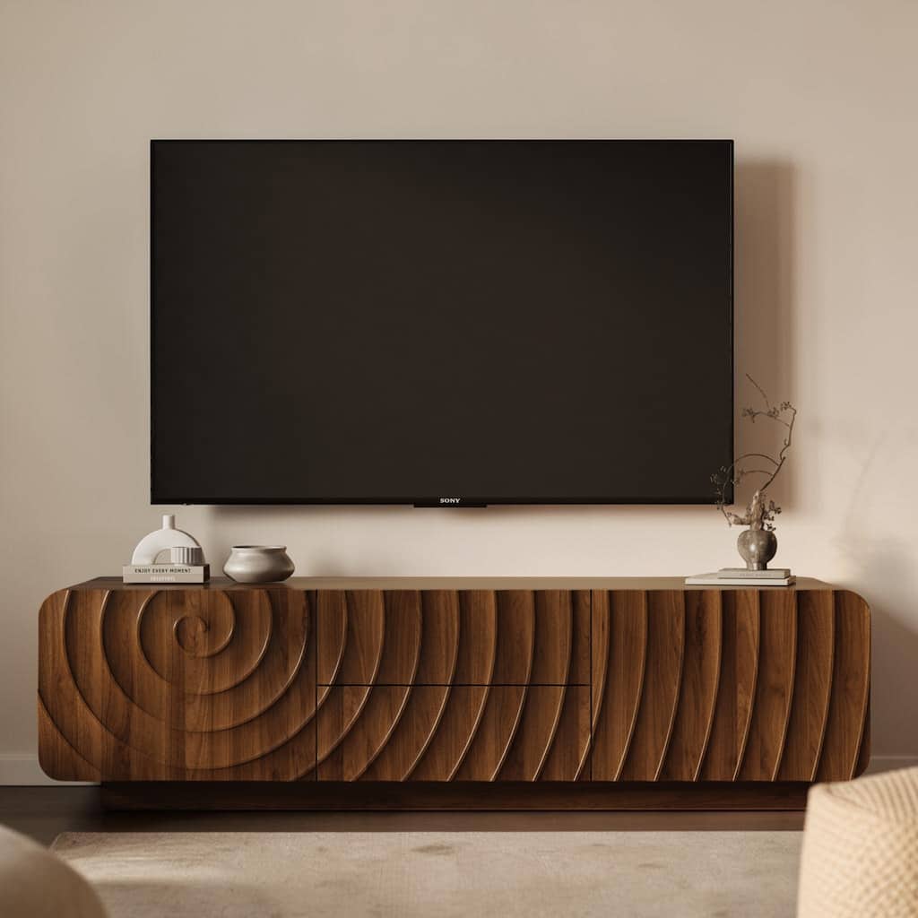 58 Inch Mid Century TV Stand with Spiral Wave Doors and Drawers, Modern Entertainment Center for TVs Up to 69"