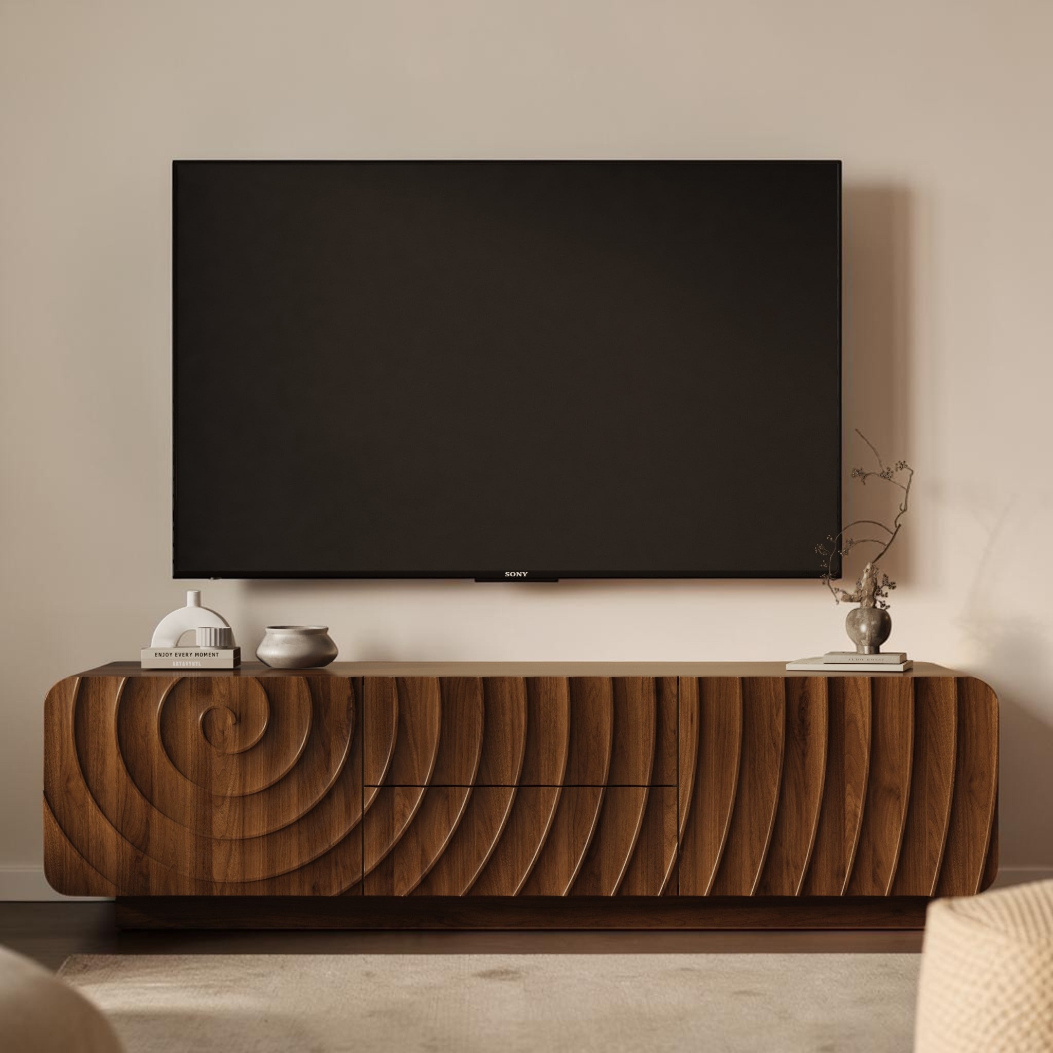 58 Inch Mid Century TV Stand with Spiral Wave Doors and Drawers, Modern Entertainment Center for TVs Up to 69"