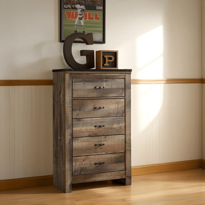 Zoey Tall Dresser Chest, 5 Storage Drawers, Rustic Brown Plank Details