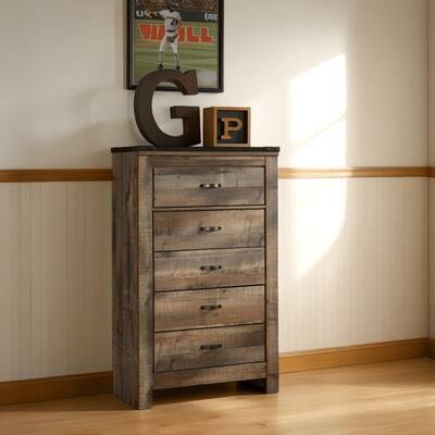 Zoey Tall Dresser Chest, 5 Storage Drawers, Rustic Brown Plank Details