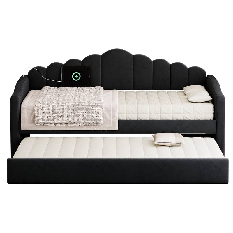 Twin size Upholstered Daybed with Trundle ,Velvet Sofabed with USB Charging Ports,No Box-spring Needed,Black