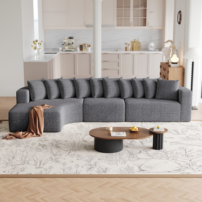 Chenille L-shaped Sectional Sofa with Curved Chaise Lounge and Piloows - Grey