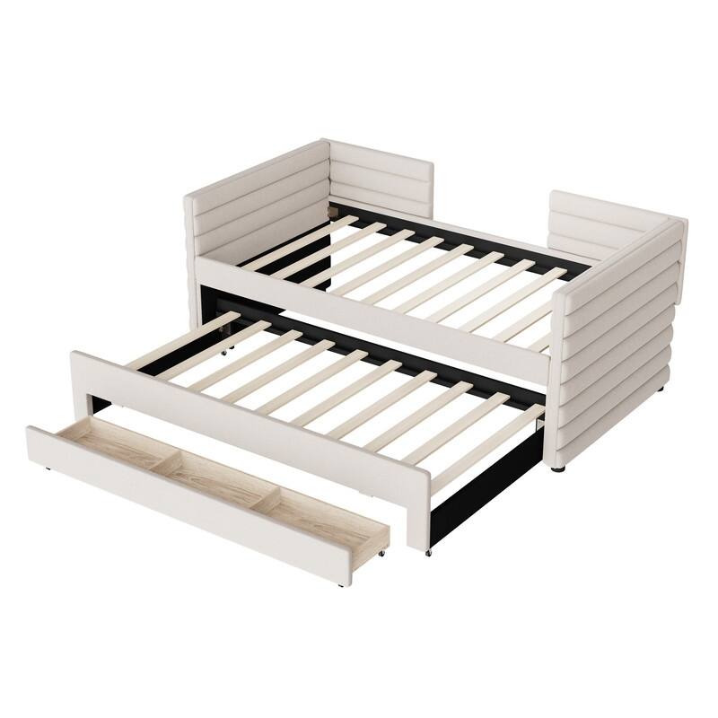 Twin Size Linen Upholstered Daybed with Trundle and 3 Drawers