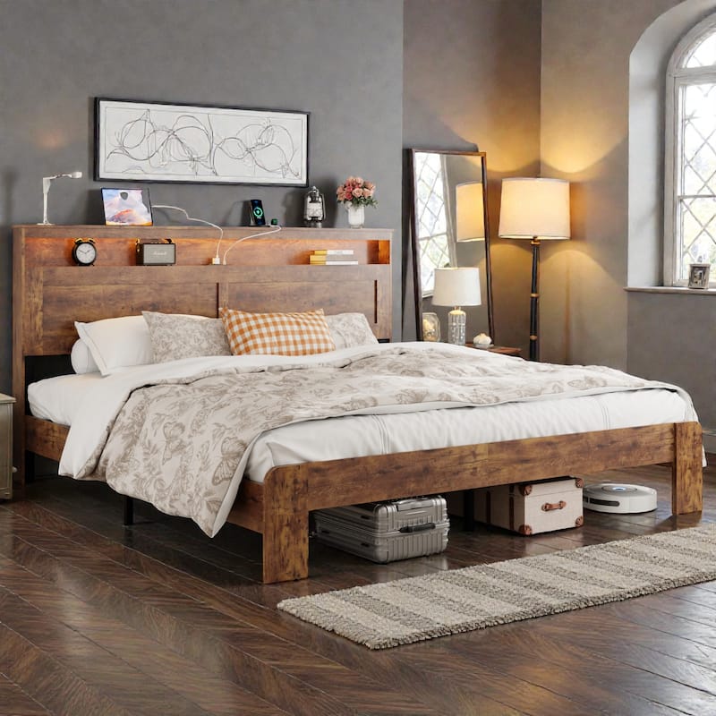Wood Platform Bed Frame with Storage LED Headboard, 2 USB Ports, Metal Frame, No Box Spring Needed - Dark Brown - King