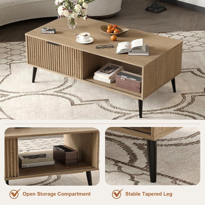 Coffee Table with Storage, 2-Tier Wooden Coffee Table with Sliding Door,