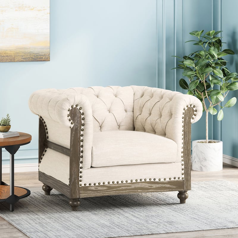 Voll Tufted Club Chair with Nailhead Trim by Christopher Knight Home - Dark Brown + Beige
