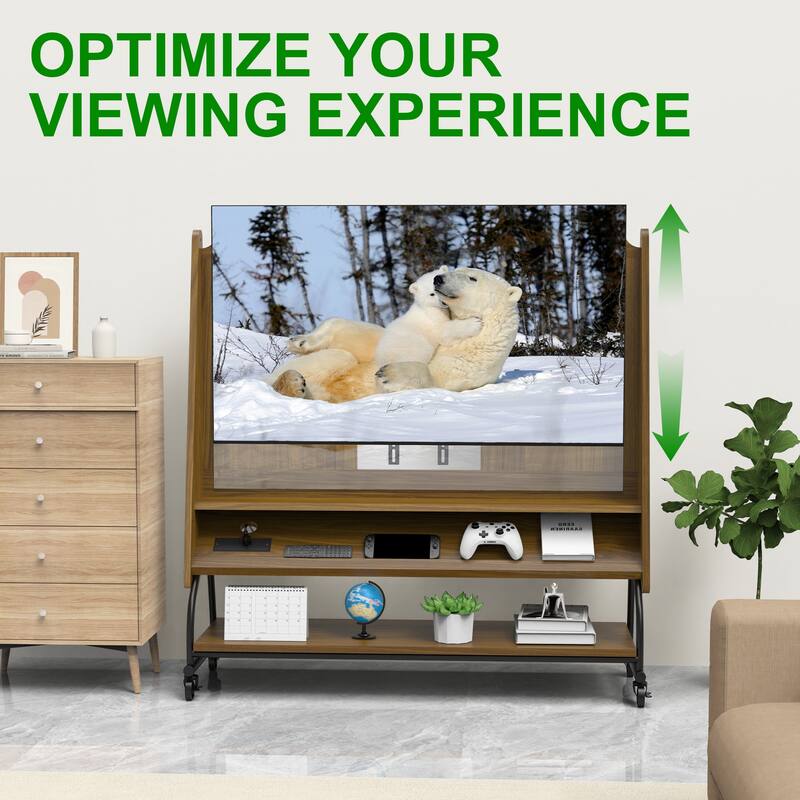 Mobile TV Stand with Mount for 32-50" TV with Projector Screen & Power Outlets - Adjustable Rolling TV Cart, MDF Wood