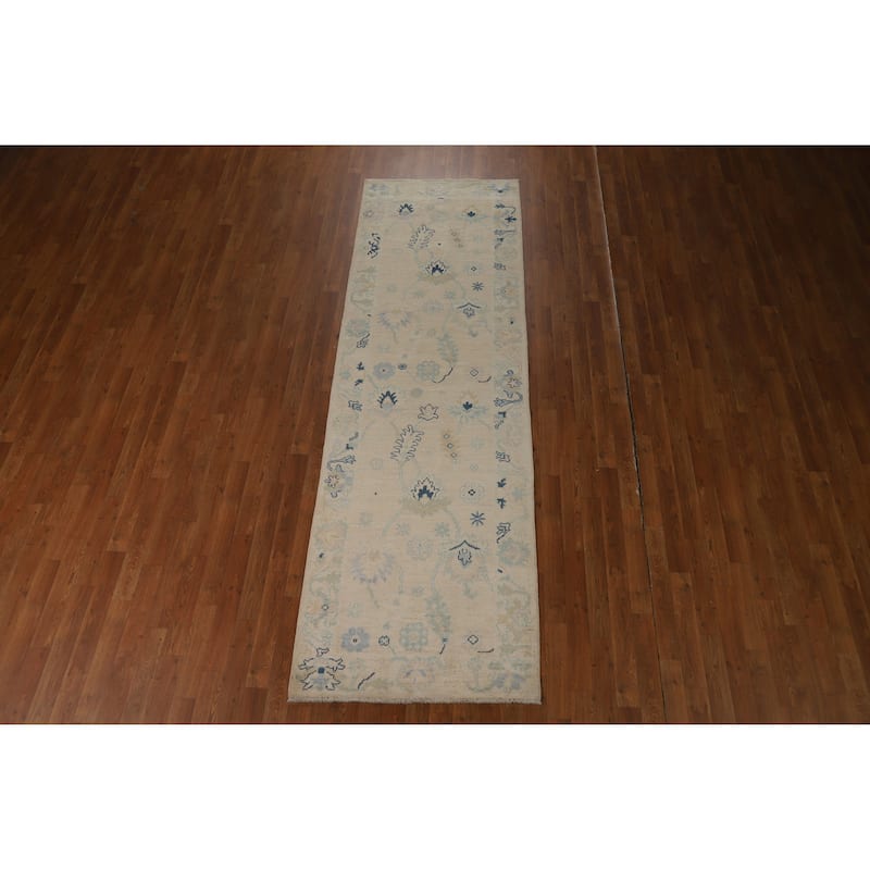 Hand Knotted Oriental 100% Wool Carpet Transitional All-Over Beige & Ivories Oushak Runner Rug - 9' 9'' X 3' 0''