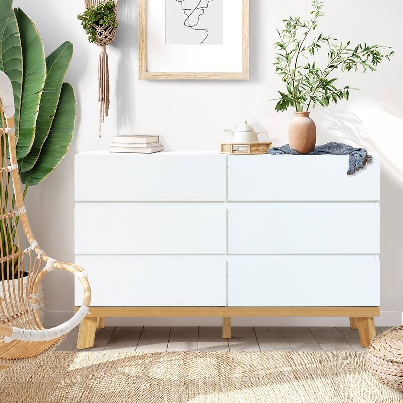 White 6 Drawer Dresser - Modern Wood Storage Chest for Bedroom, Living Room