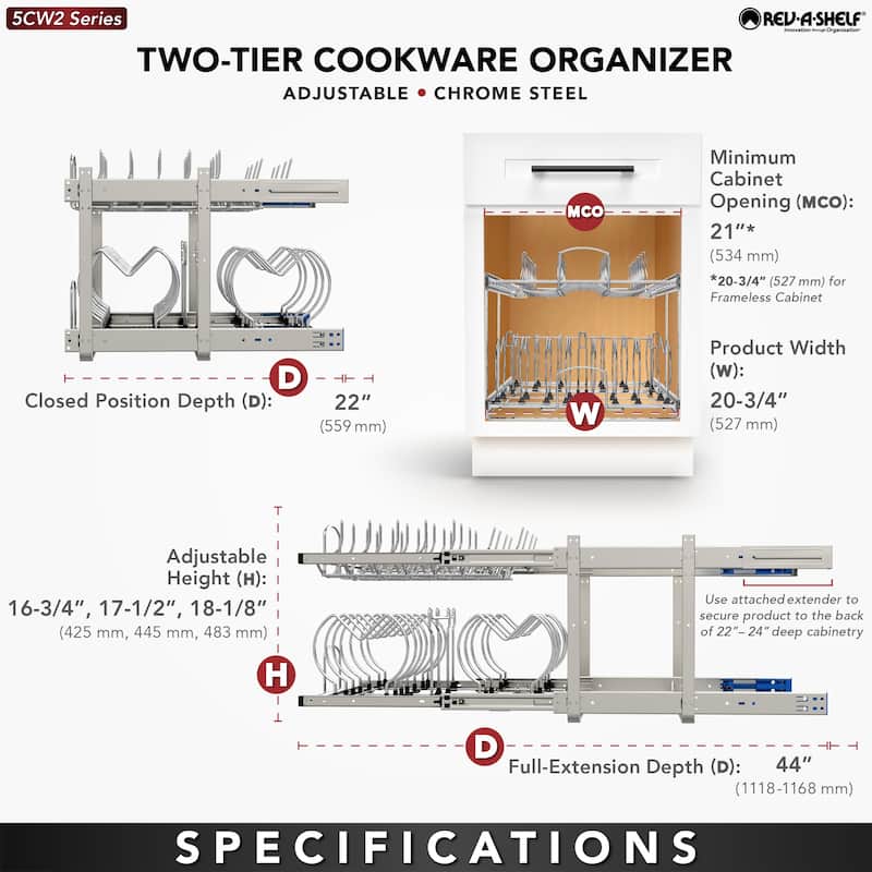 Rev-A-Shelf Pullout Cabinet Pot and Pan Organizer, 21" Width, 5CW2-2122-CR