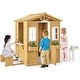 preview thumbnail 1 of 7, Natural Fir Wood Kids Playhouse with White Windows, Bench and Flowerpot Holders - 80.5" L x 47" W x 55" H Natural-White