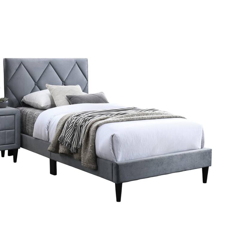 Twin Size Bed w Adjustable Headboard 1pc Bedframe, Grey Velvet Upholstered Youth Bedroom Furniture
