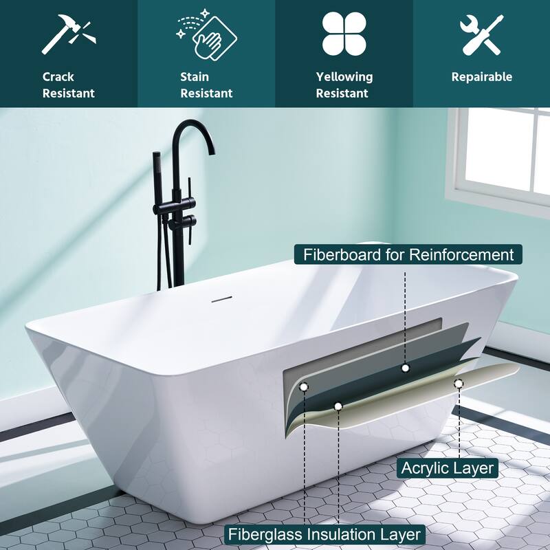 66'' W,78 GALLONS Freestanding Acrylic Soaking Bathtub With Drain And Overflow Holes