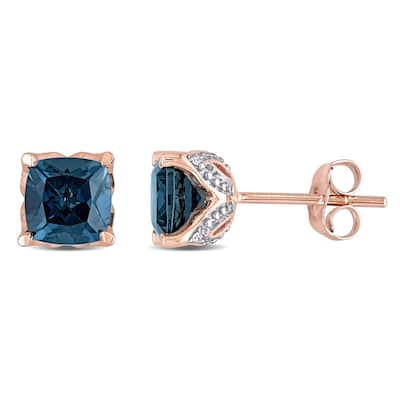 Miadora 10k Rose Gold Cushion London-Blue Topaz and Diamond Accent Solitaire Stud Earrings - 6.7 mm x 6.7 mm x 6.1 mm
