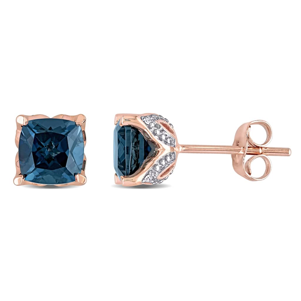 Miadora 10k Rose Gold Cushion London-Blue Topaz and Diamond Accent Solitaire Stud Earrings - 6.7 mm x 6.7 mm x 6.1 mm
