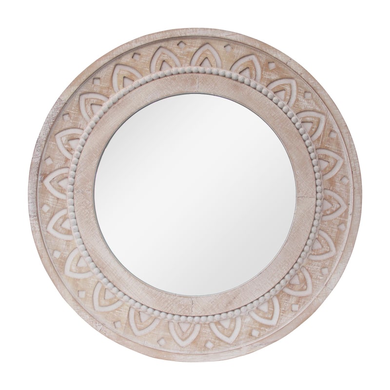 Wood Circle Mirror with Carved Frame, 27.5''