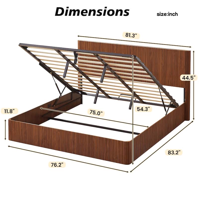 Platform Bed Lift Up Hydraulic Storage Bed Frame Wooden Corrugated Curved Lines Design Frame Wood Slat Metal Support Bed Frame
