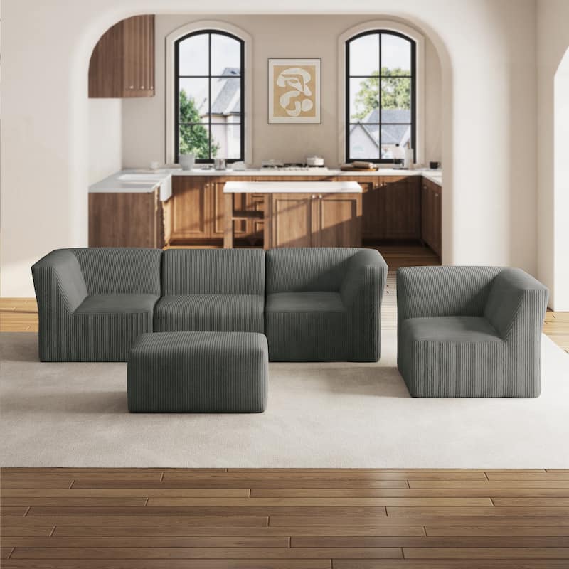 5-Piece Fully Sponge Molded Modular Sectional Sofa with Ottoman - Grey