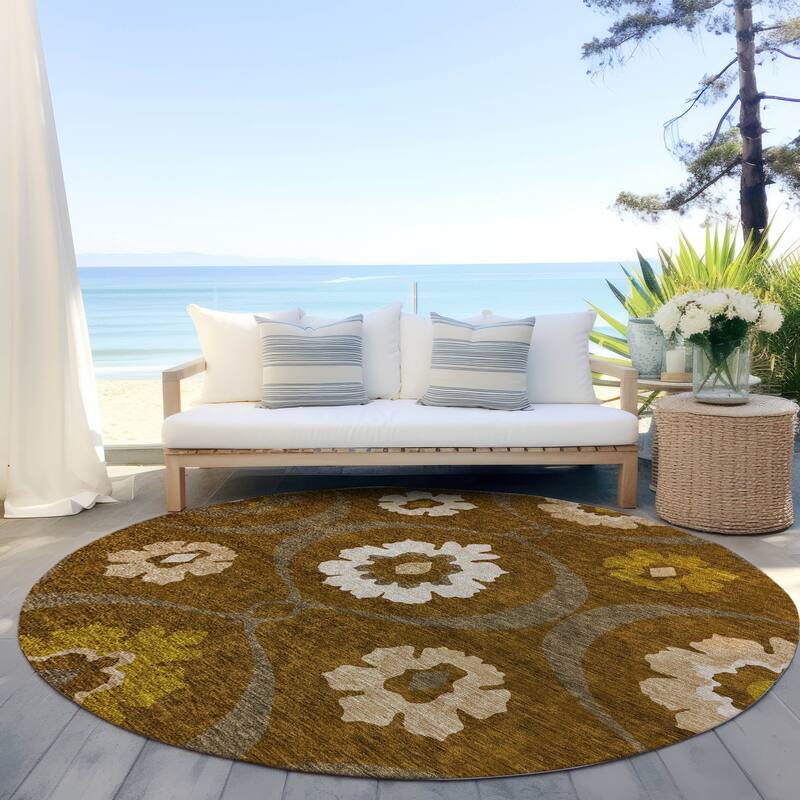 Machine Washable Indoor/ Outdoor Chantille Floral Geo Rug - Mocha - 8' x 8'